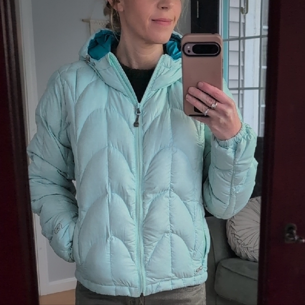 Light Aqua Hooded Puffer Jacket Outdoor Research